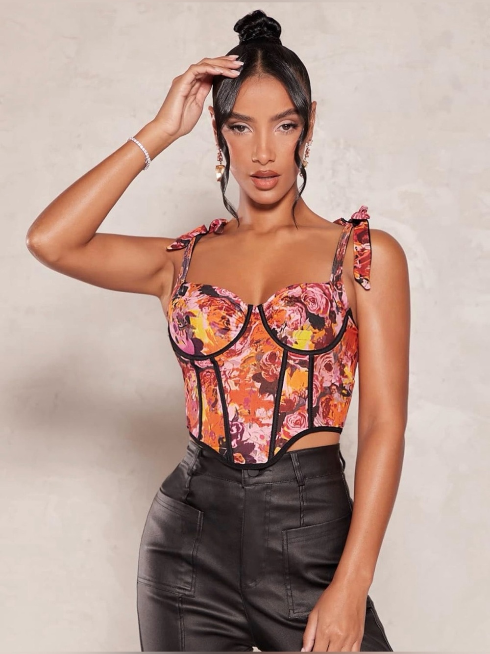 Orange and Pink Floral Tie-Shoulder Corset Crop Top